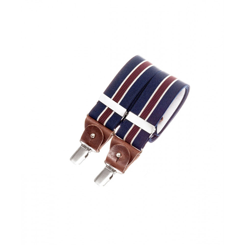 Wide clip-on suspenders with leather details – Navy with military stripe