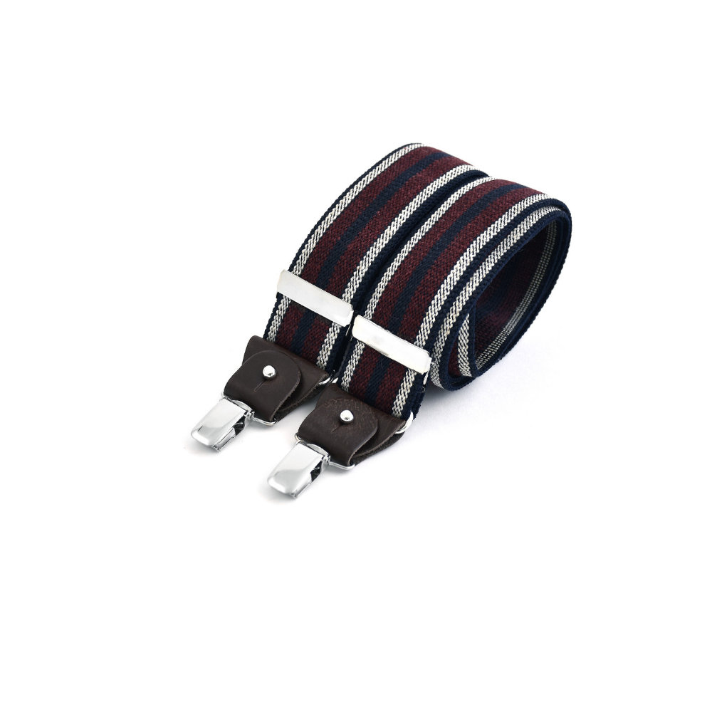 Wide pleated and leather braces - Burgundy and ecru stripe on navy blueWide pleated and leather braces - Burgundy and ecru stripe on navy blue