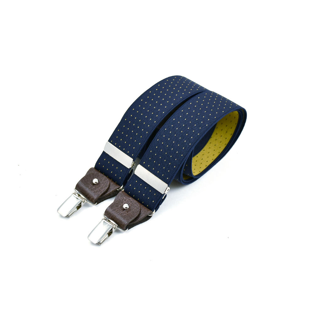 Skinny clip-on suspenders – Navy with yellow polka-dots